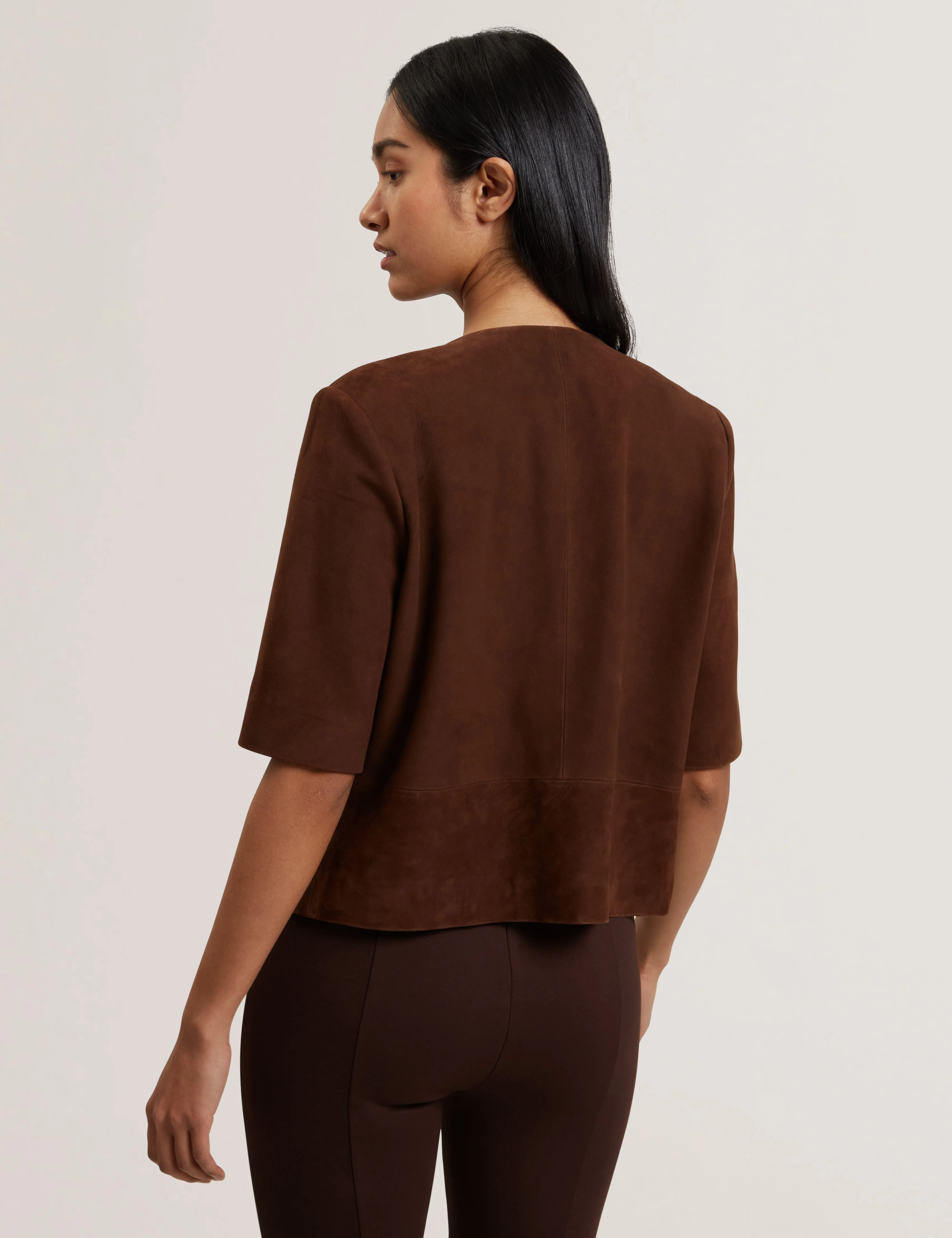 Lisanth Short Sleeve Suede Open Front Jacket Dk-Brown