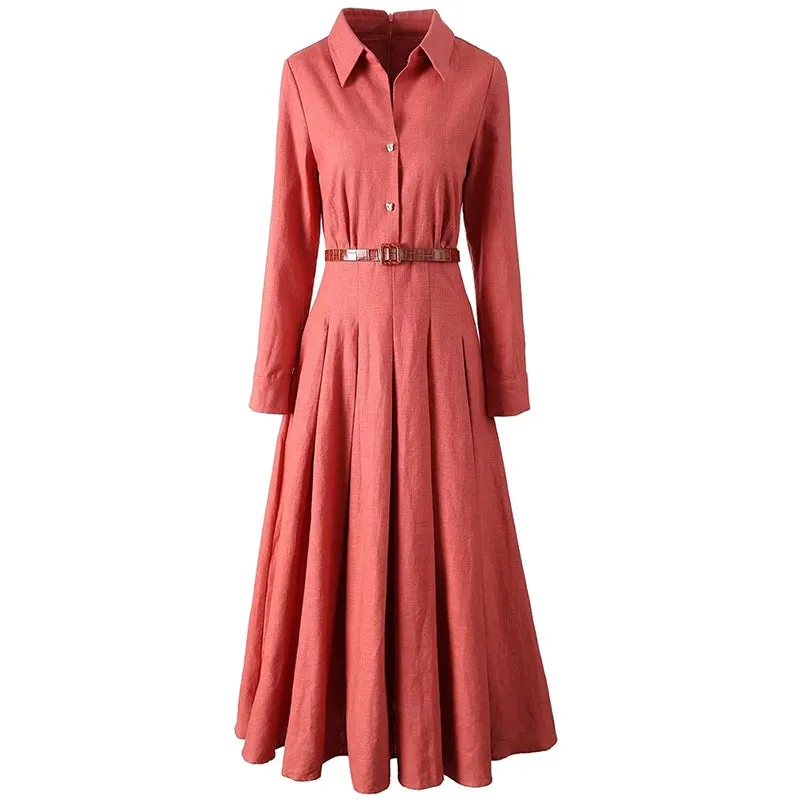 Liv Turn-down Collar Long Sleeves Crystal Buttons Sashes Office Lady Dress