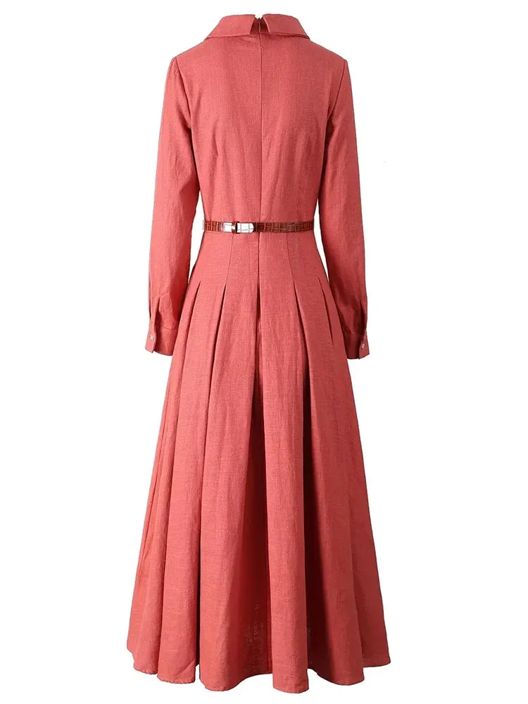 Liv Turn-down Collar Long Sleeves Crystal Buttons Sashes Office Lady Dress