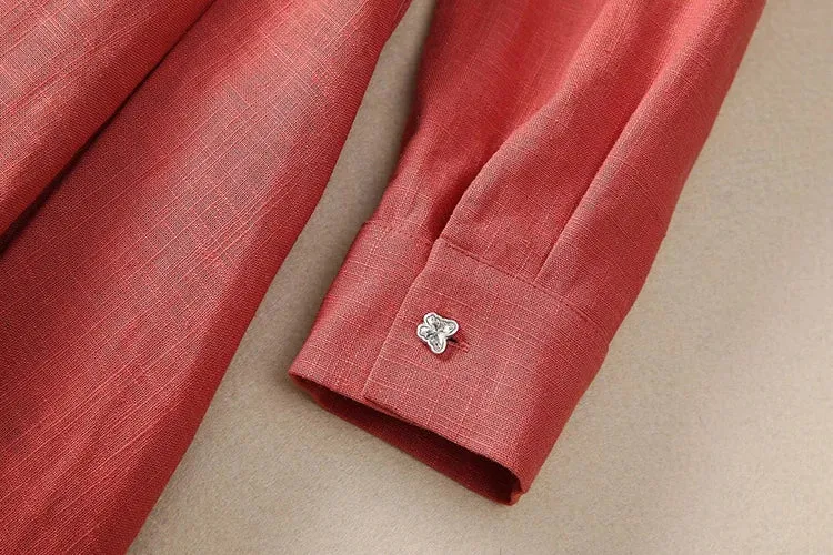 Liv Turn-down Collar Long Sleeves Crystal Buttons Sashes Office Lady Dress