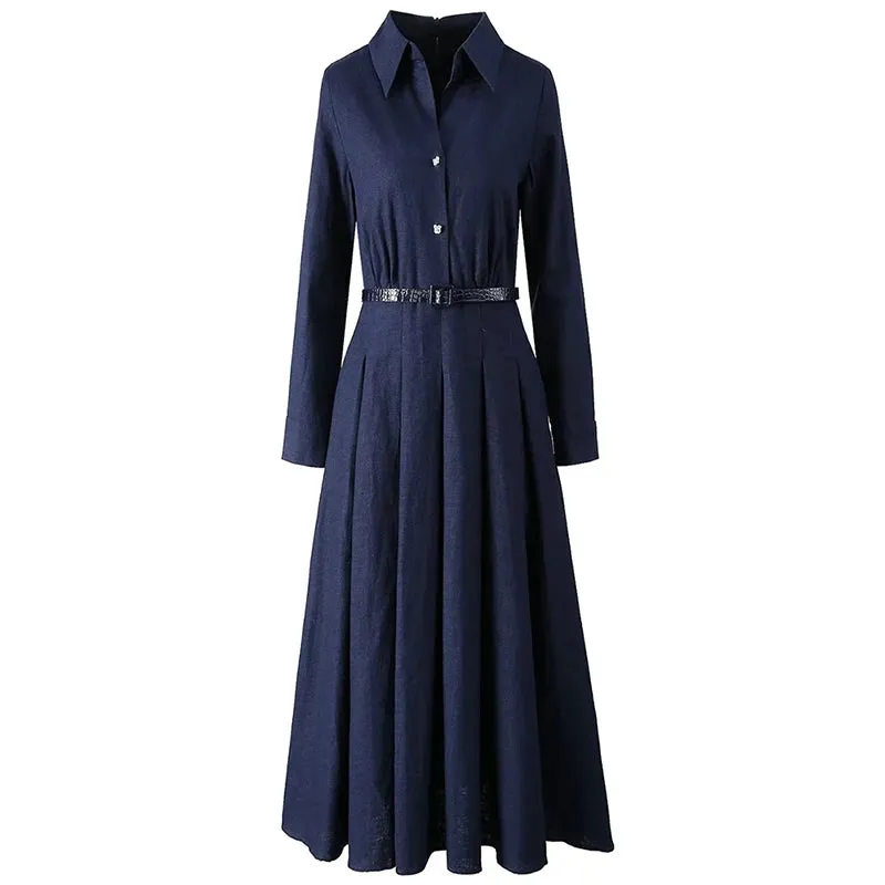 Liv Turn-down Collar Long Sleeves Crystal Buttons Sashes Office Lady Dress