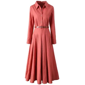 Liv Turn-down Collar Long Sleeves Crystal Buttons Sashes Office Lady Dress