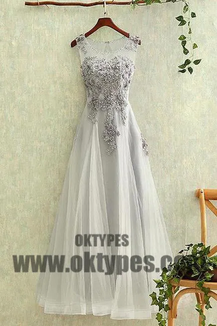 Long Appliques Tulle Prom Dresses, A-line Beaded Open Back Prom Dresses, TYP0441