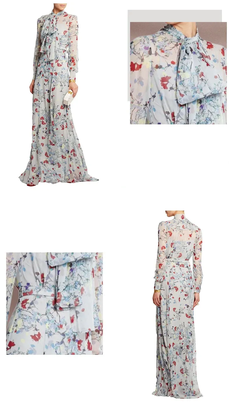 Louis Frenulum Collar Long Sleeve Sashes Gathered Waist Slim Long Dress
