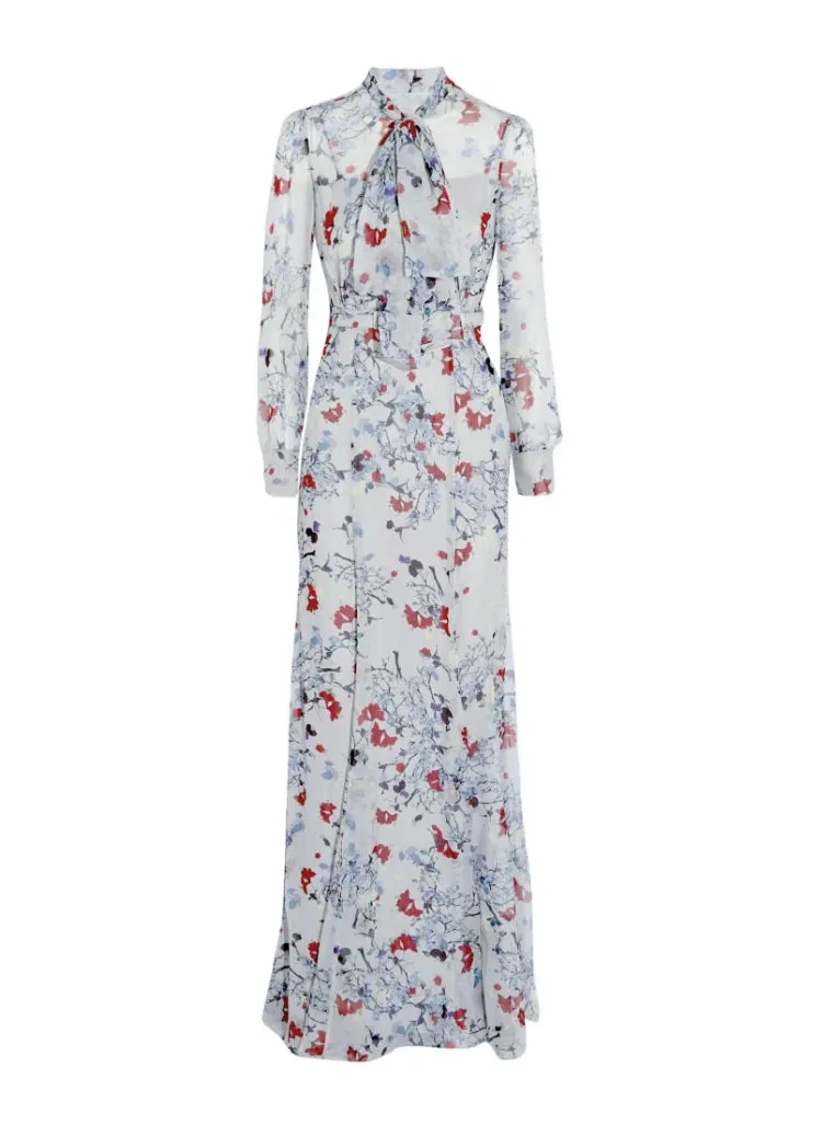 Louis Frenulum Collar Long Sleeve Sashes Gathered Waist Slim Long Dress