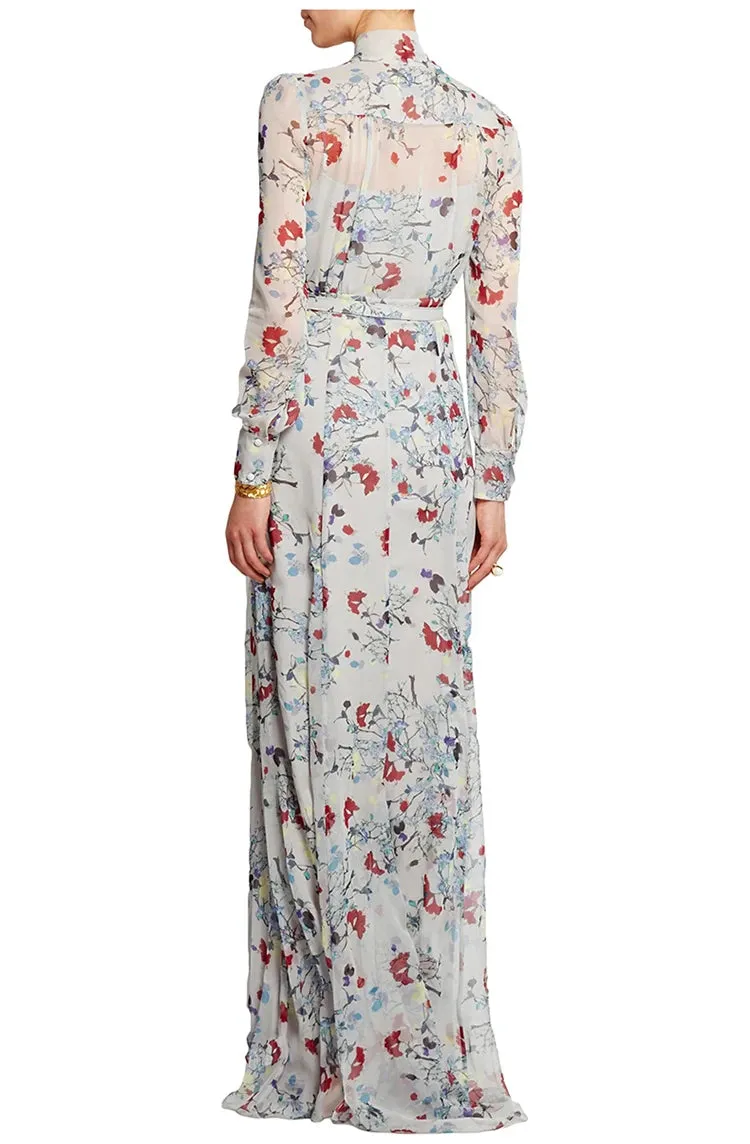 Louis Frenulum Collar Long Sleeve Sashes Gathered Waist Slim Long Dress