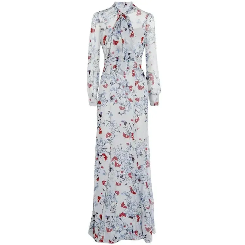 Louis Frenulum Collar Long Sleeve Sashes Gathered Waist Slim Long Dress