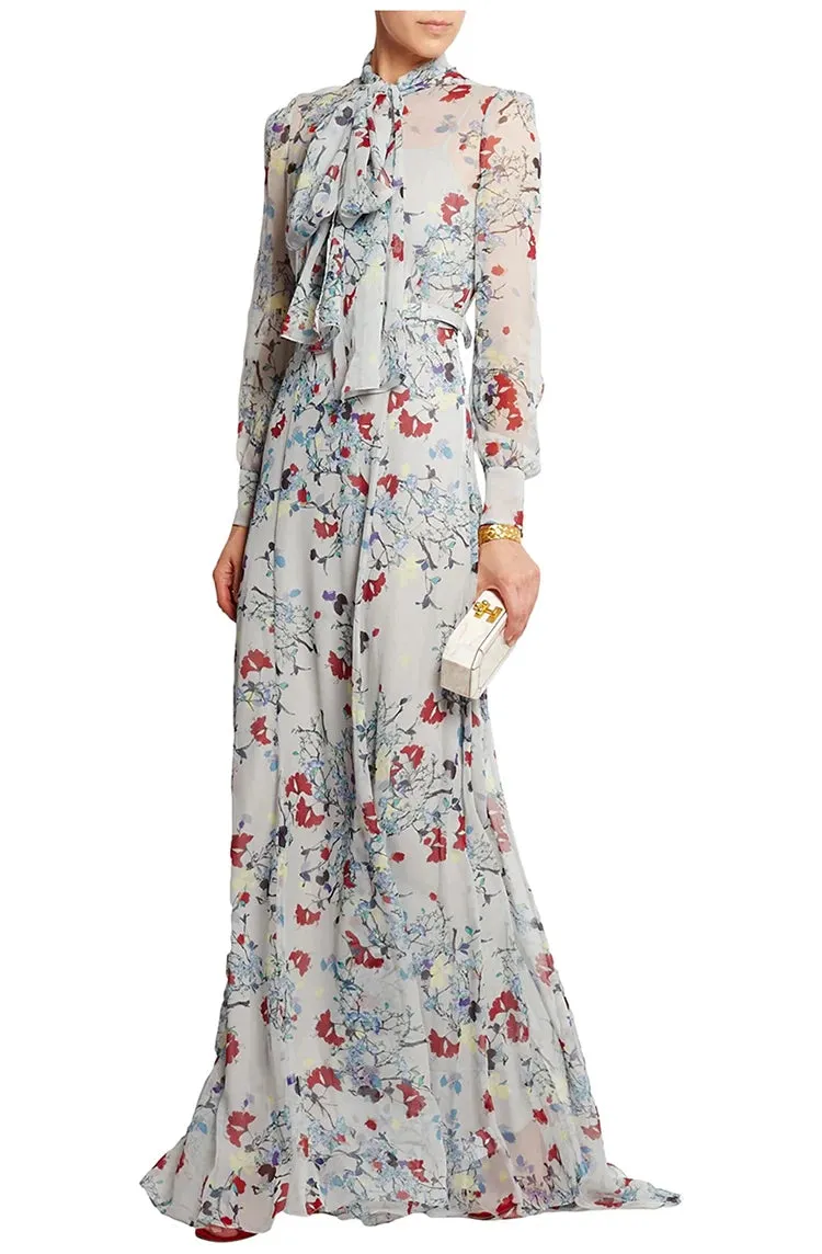Louis Frenulum Collar Long Sleeve Sashes Gathered Waist Slim Long Dress