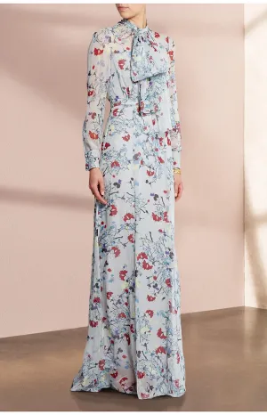 Louis Frenulum Collar Long Sleeve Sashes Gathered Waist Slim Long Dress
