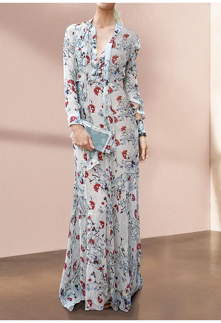 Louis Frenulum Collar Long Sleeve Sashes Gathered Waist Slim Long Dress