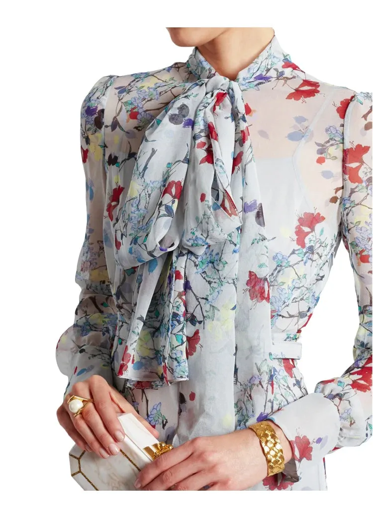 Louis Frenulum Collar Long Sleeve Sashes Gathered Waist Slim Long Dress