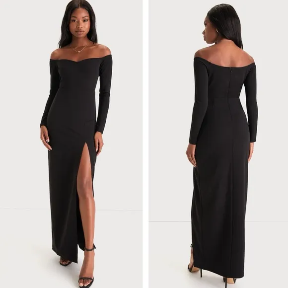 Lulus Classic Allure Black Off-the-Shoulder Long Sleeve Maxi Dress Size Medium