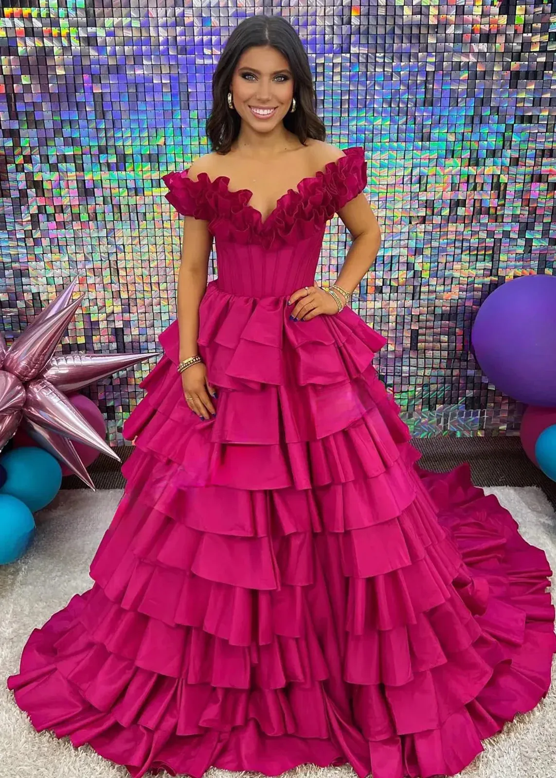 Madelynn | Off-Shoulder Ruched A-Line Layered Satin Prom Dress with Slit