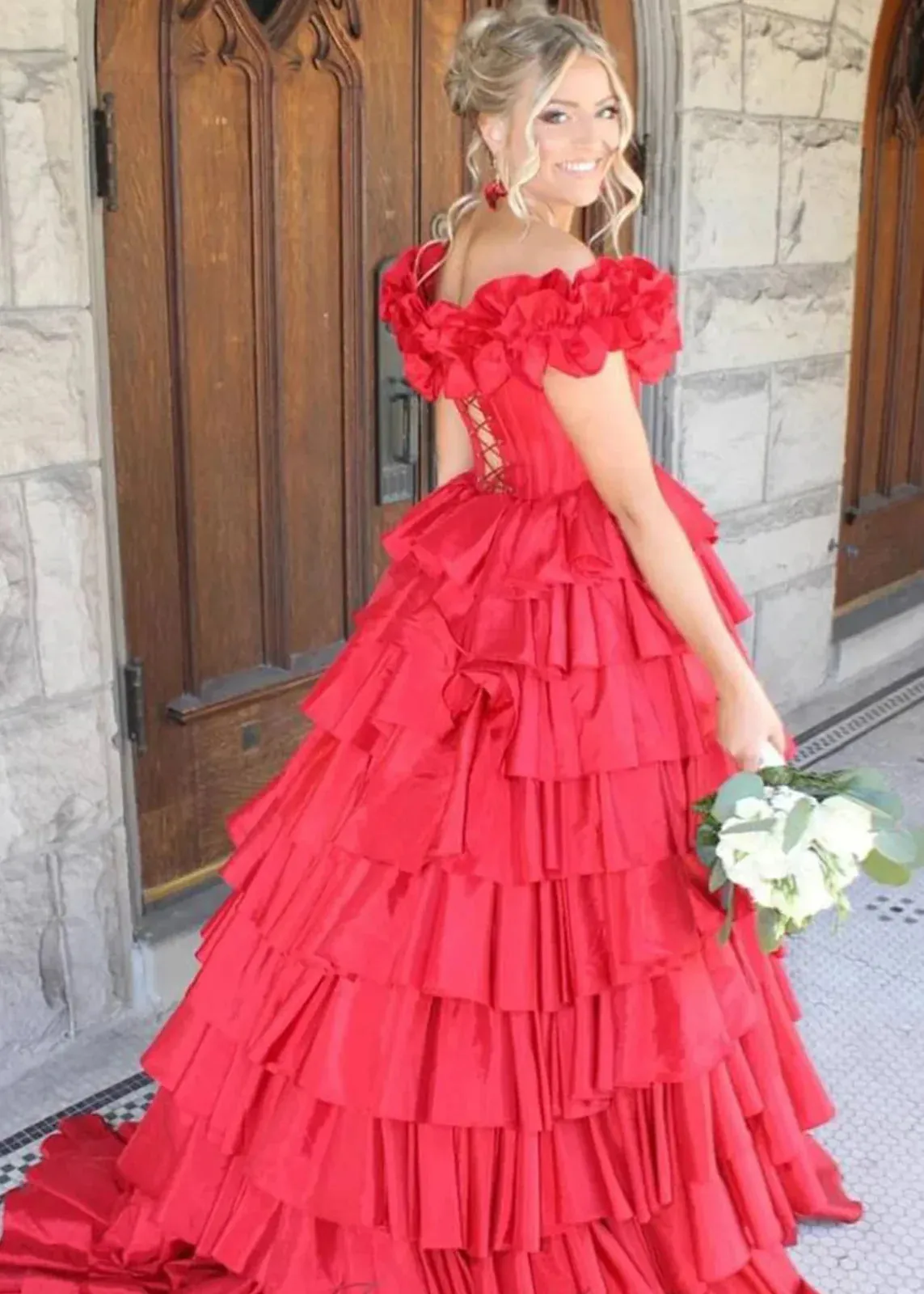 Madelynn | Off-Shoulder Ruched A-Line Layered Satin Prom Dress with Slit