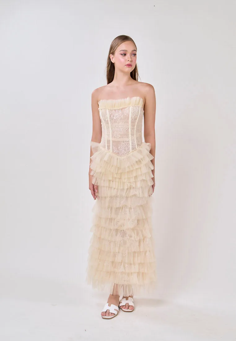 Magnolia Cream Tube Tulle Layered Maxi Dress