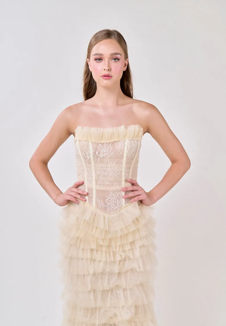 Magnolia Cream Tube Tulle Layered Maxi Dress