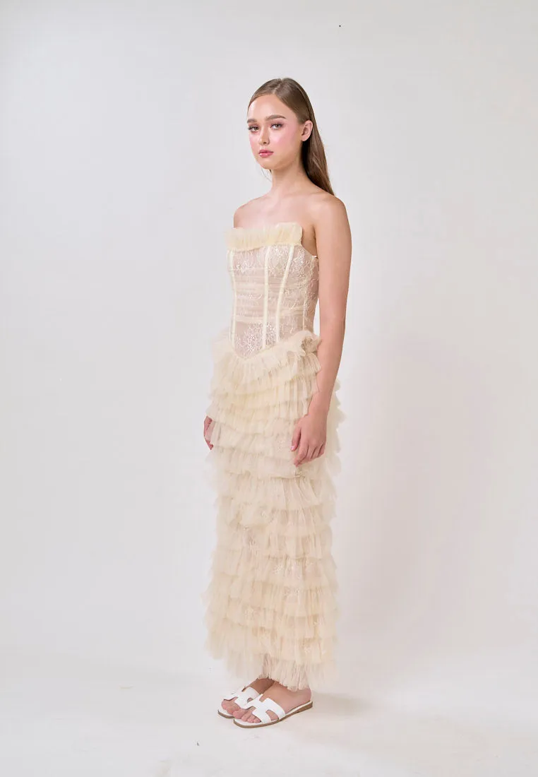 Magnolia Cream Tube Tulle Layered Maxi Dress