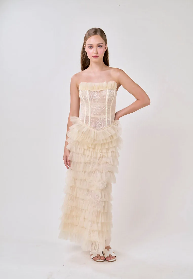 Magnolia Cream Tube Tulle Layered Maxi Dress