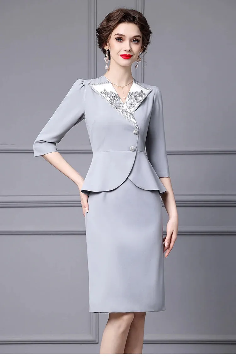 Maryse V Neck Diamond Beading Button Slim Package Buttock Long Dress