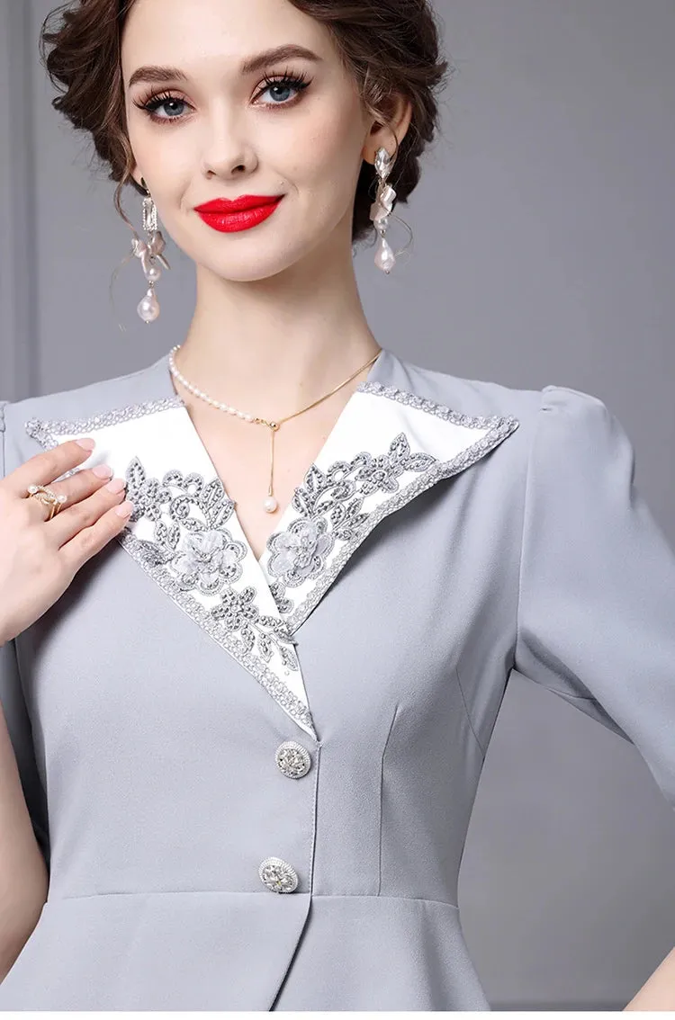 Maryse V Neck Diamond Beading Button Slim Package Buttock Long Dress
