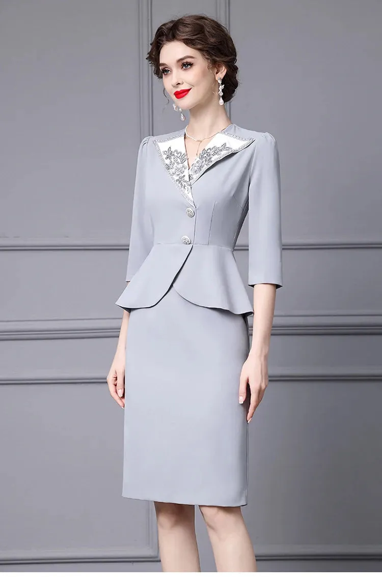 Maryse V Neck Diamond Beading Button Slim Package Buttock Long Dress