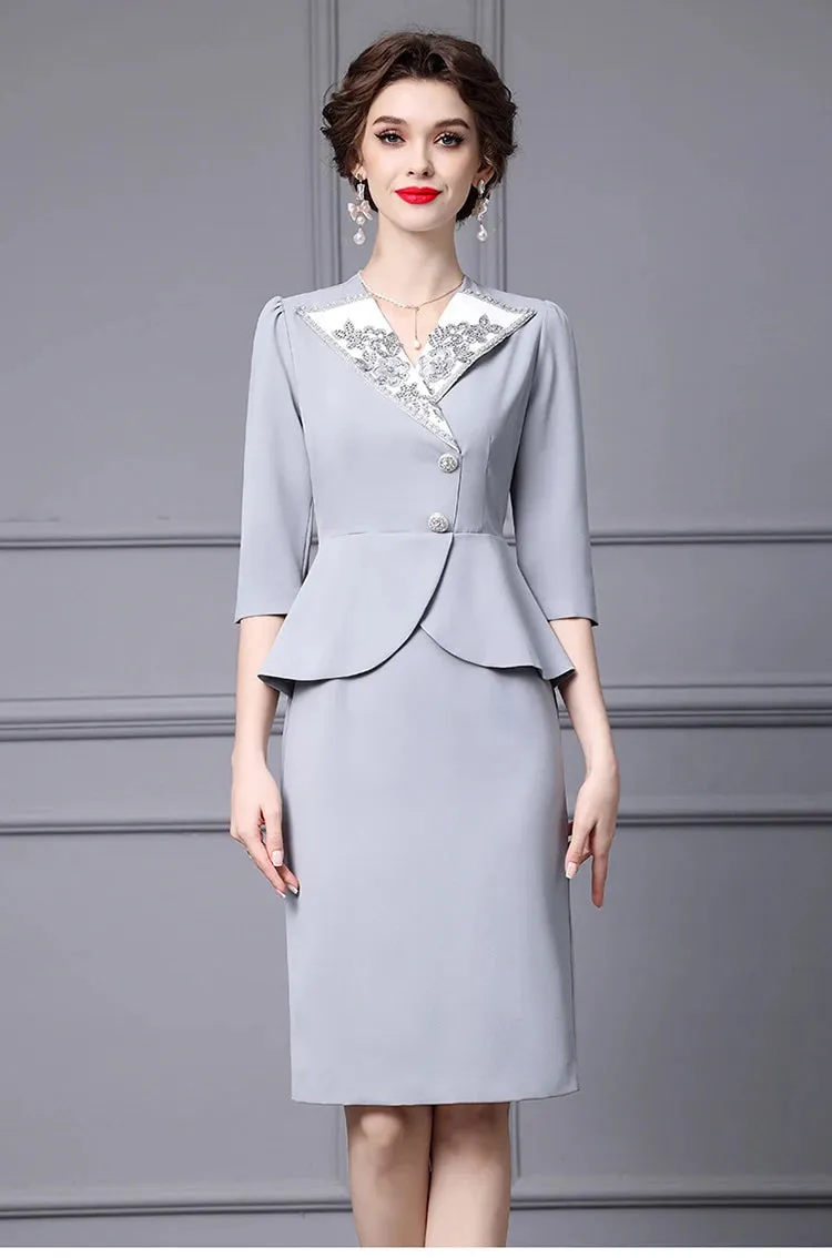 Maryse V Neck Diamond Beading Button Slim Package Buttock Long Dress
