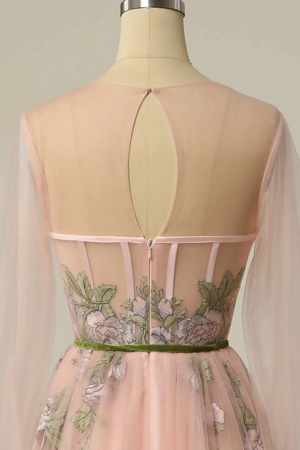 Meilani |A Line Scoop Long Sleeve Tulle Prom Dress with Floral Embroidery