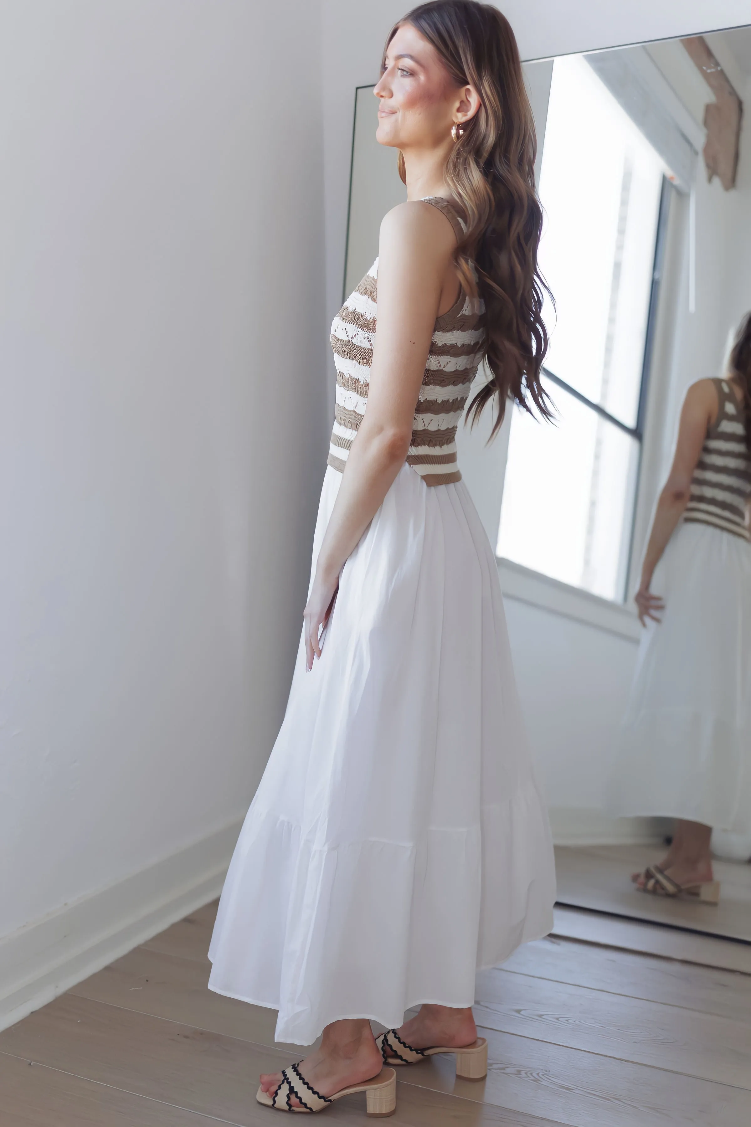 Mellow Mood Midi Dress-Tan/White