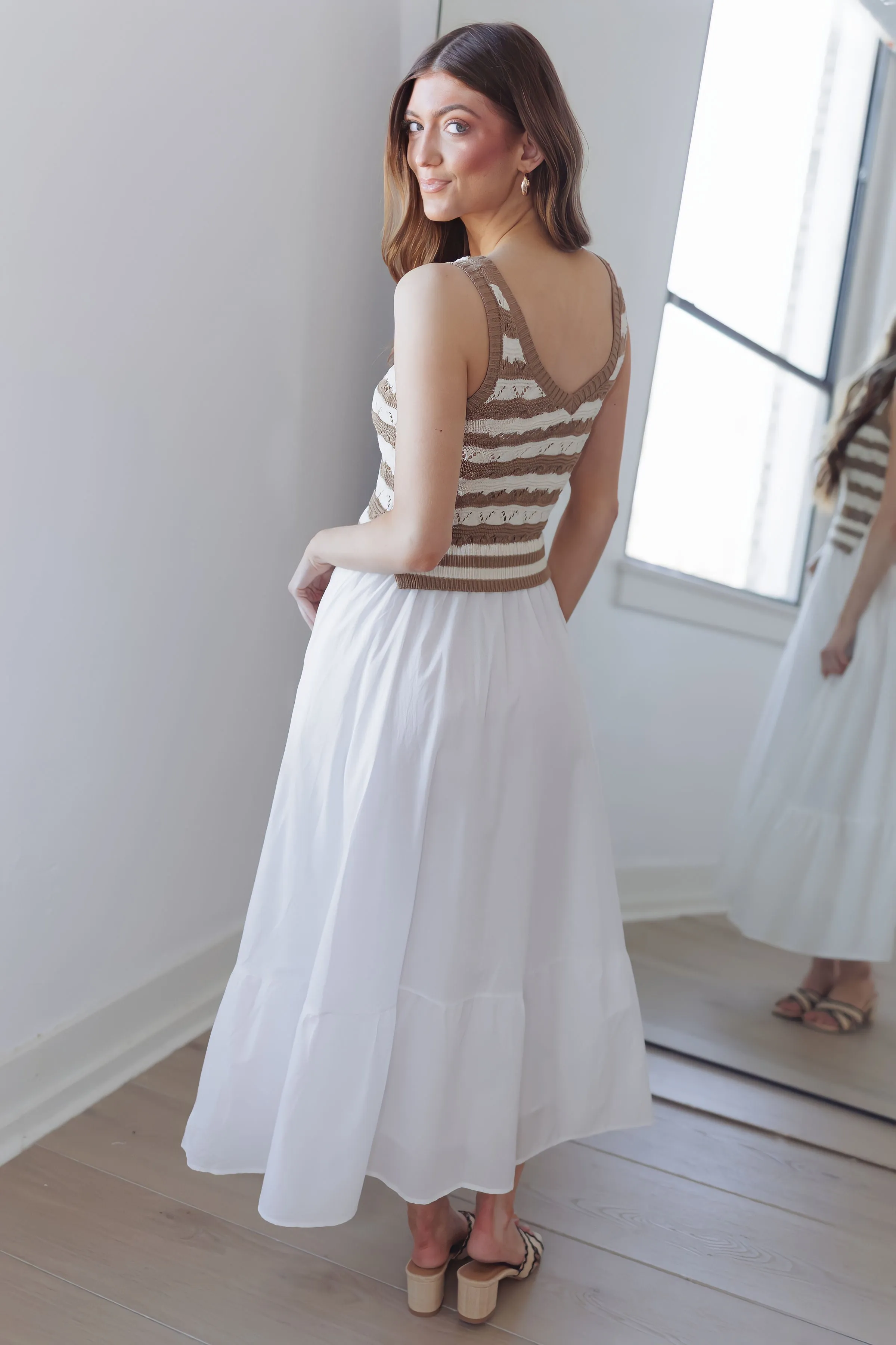 Mellow Mood Midi Dress-Tan/White