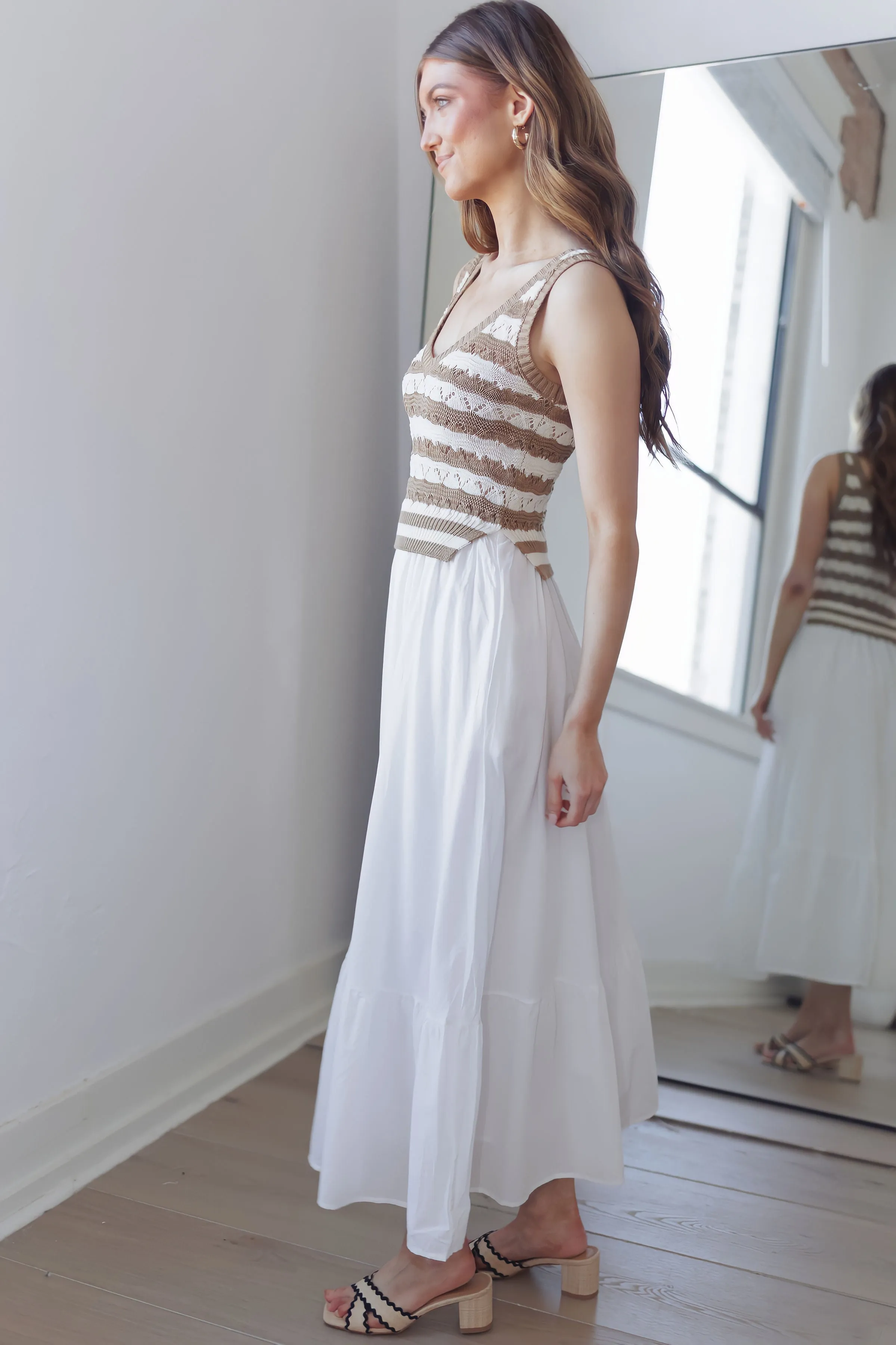 Mellow Mood Midi Dress-Tan/White
