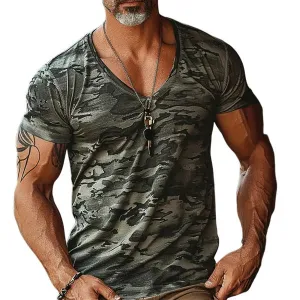 MEN'S CAMOUFLAGE PRINT V-NECK SHORT SLEEVE T-SHIRT