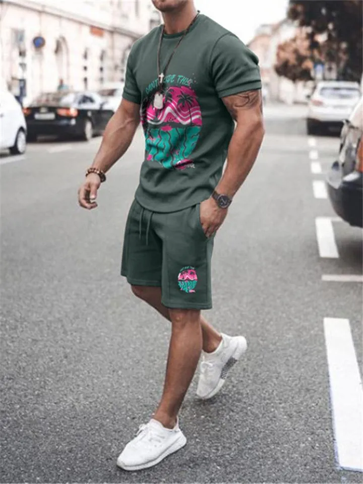 Mens Comfy Printed Cotton 2 Piece Sets Short Sleeve T-Shirts Shorts