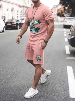 Mens Comfy Printed Cotton 2 Piece Sets Short Sleeve T-Shirts Shorts