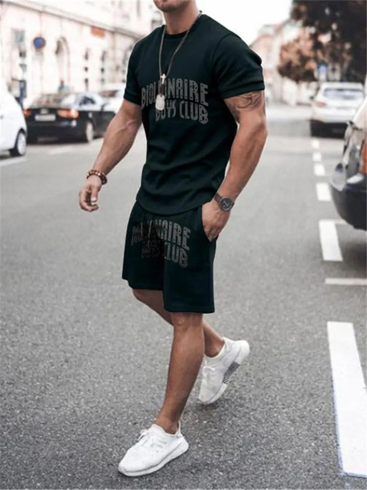 Mens Comfy Printed Cotton 2 Piece Sets Short Sleeve T-Shirts Shorts