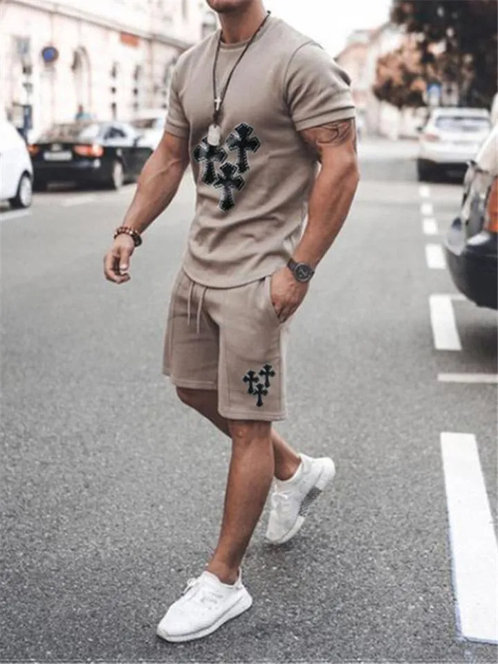 Mens Comfy Printed Cotton 2 Piece Sets Short Sleeve T-Shirts Shorts