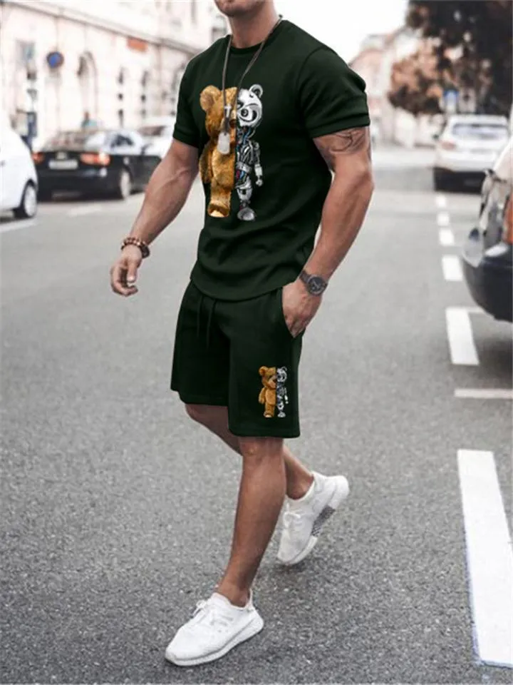 Mens Comfy Printed Cotton 2 Piece Sets Short Sleeve T-Shirts Shorts