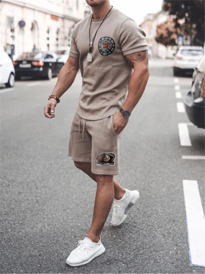 Mens Comfy Printed Cotton 2 Piece Sets Short Sleeve T-Shirts Shorts