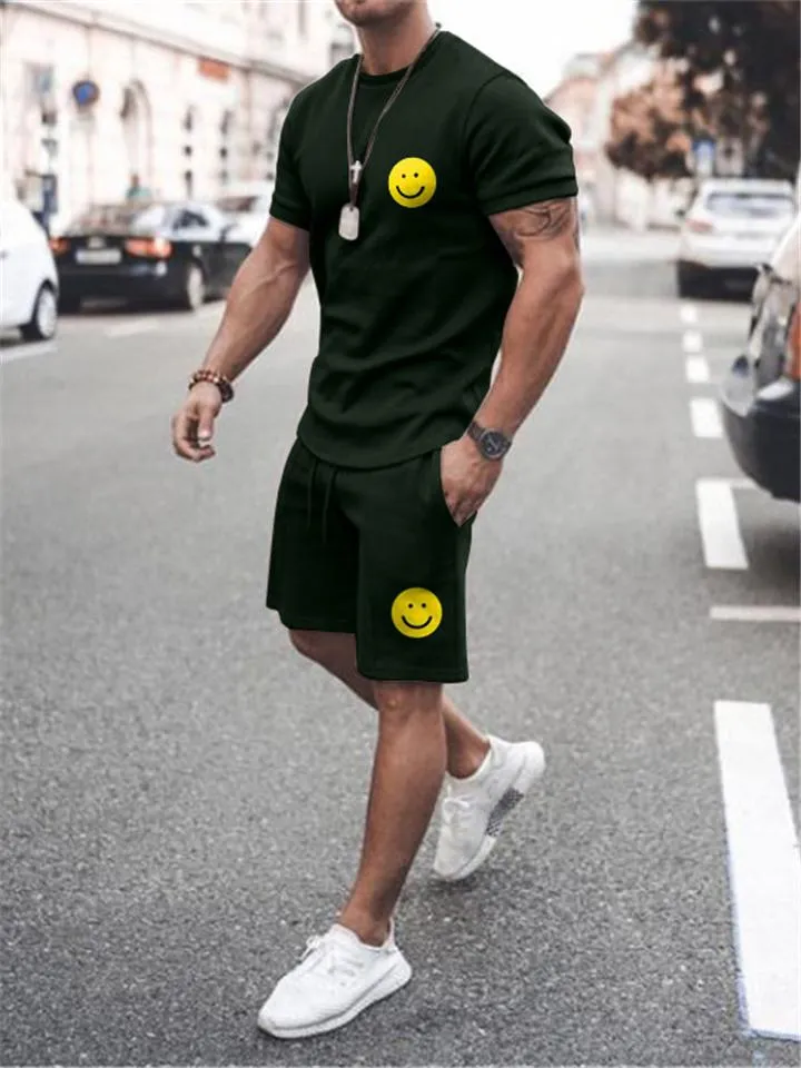 Mens Comfy Printed Cotton 2 Piece Sets Short Sleeve T-Shirts Shorts