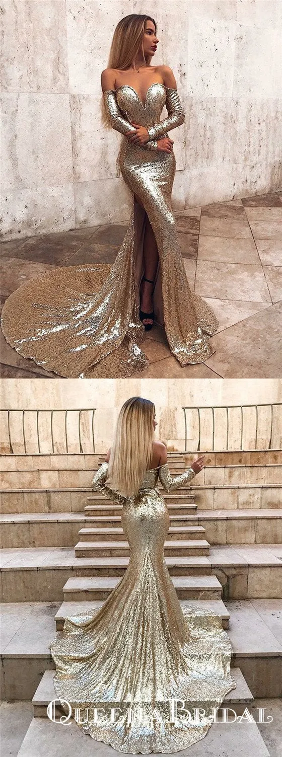 Mermaid Off Shoulder Long Sleeves Gold  Evening Prom Dresses, QB0540