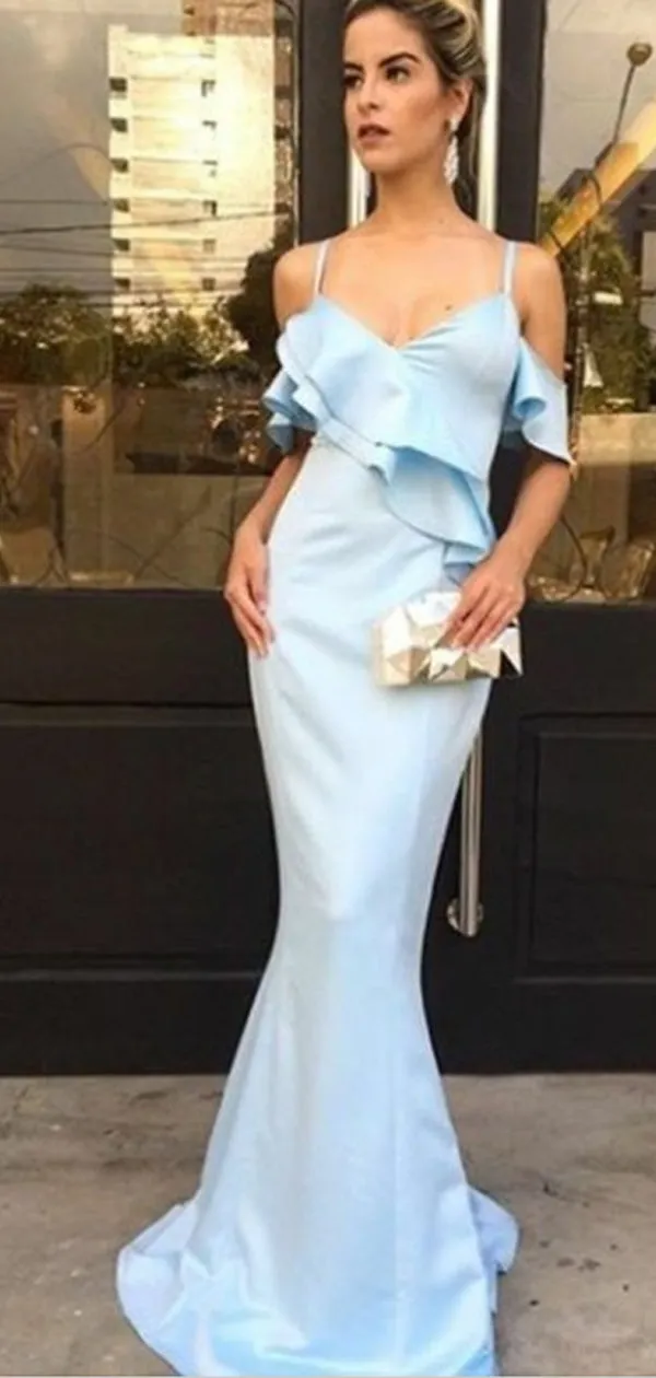 Mermaid Spaghetti Straps Light Blue Satin Prom Dresses with Ruffles, TYP1305