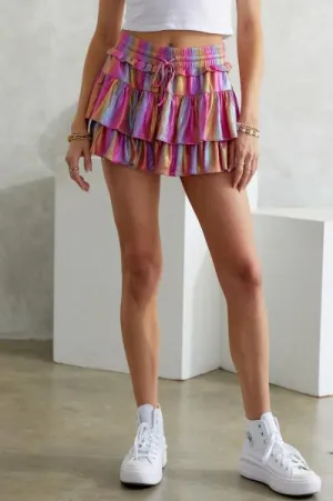 Metallic Ruffle Tiered Skort - Pink Rainbow -