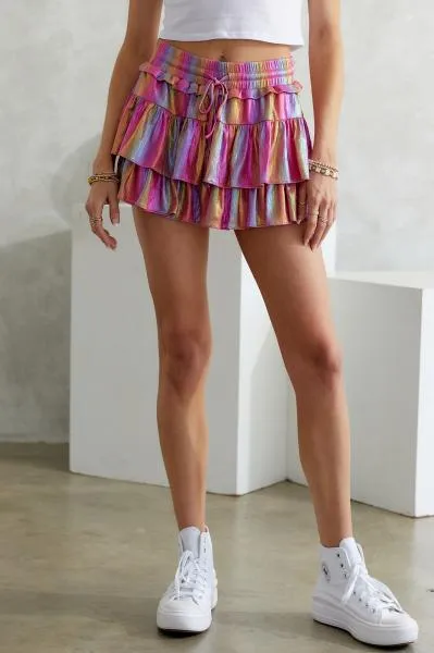 Metallic Ruffle Tiered Skort - Pink Rainbow -