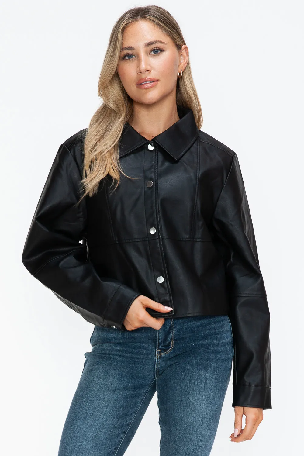 Mia Snobbish Snap Down Long Sleeve PU Leather Jacket | Poundton