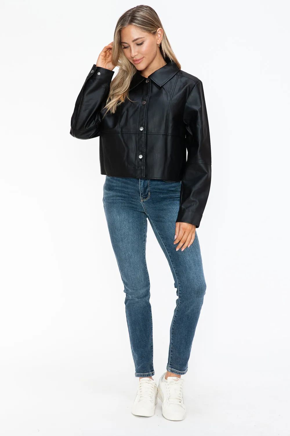 Mia Snobbish Snap Down Long Sleeve PU Leather Jacket | Poundton