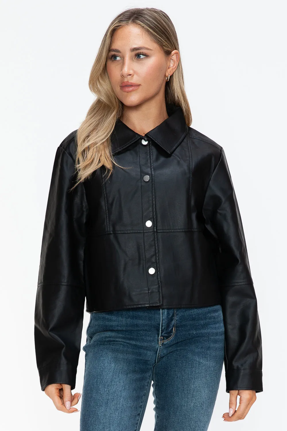 Mia Snobbish Snap Down Long Sleeve PU Leather Jacket | Poundton