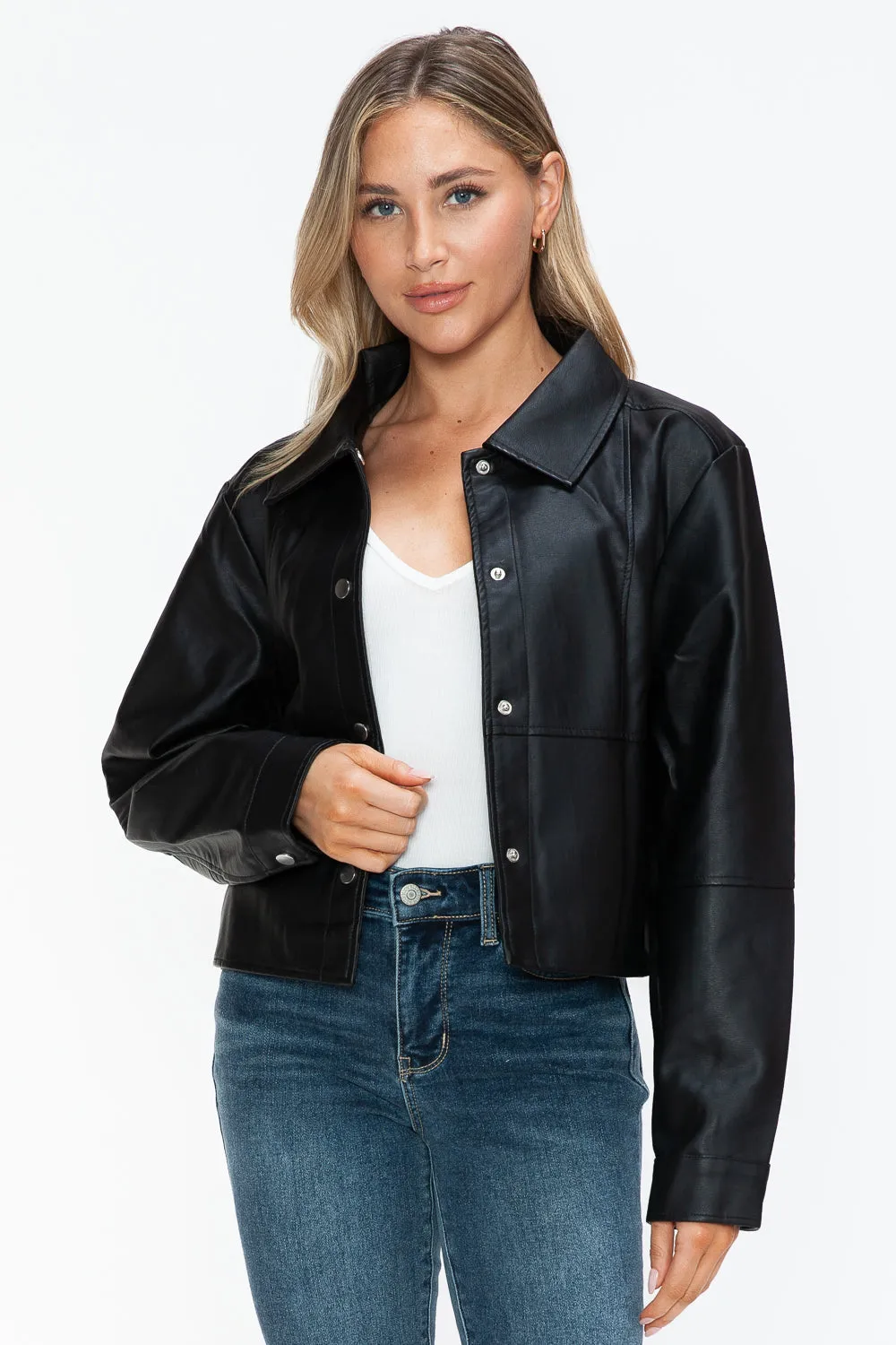 Mia Snobbish Snap Down Long Sleeve PU Leather Jacket | Poundton