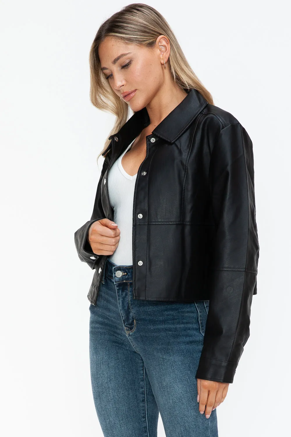 Mia Snobbish Snap Down Long Sleeve PU Leather Jacket | Poundton