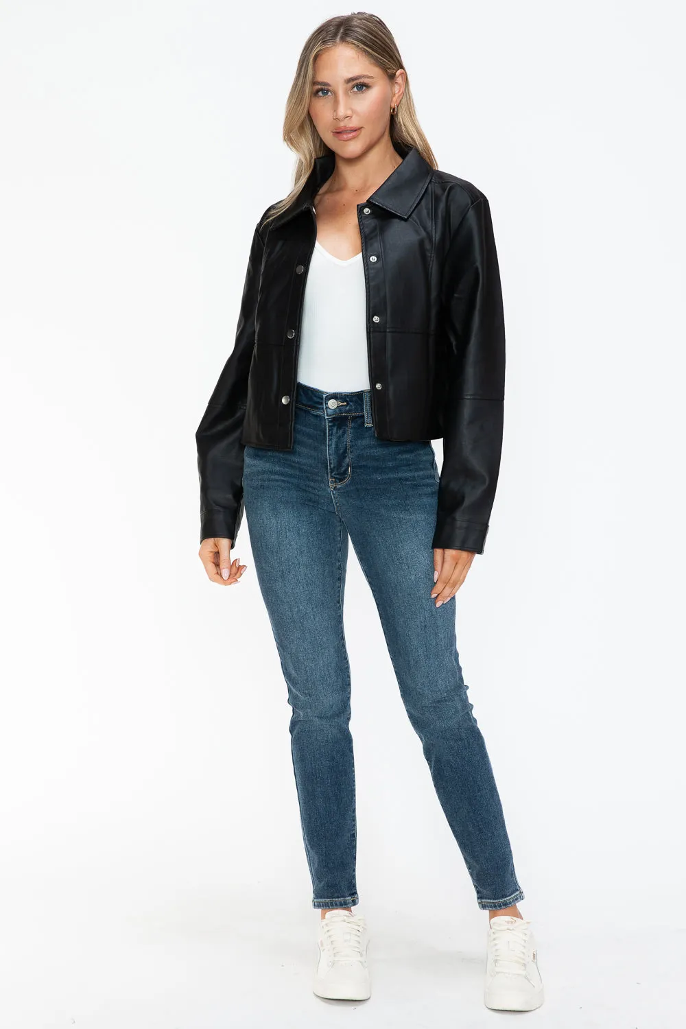 Mia Snobbish Snap Down Long Sleeve PU Leather Jacket | Poundton
