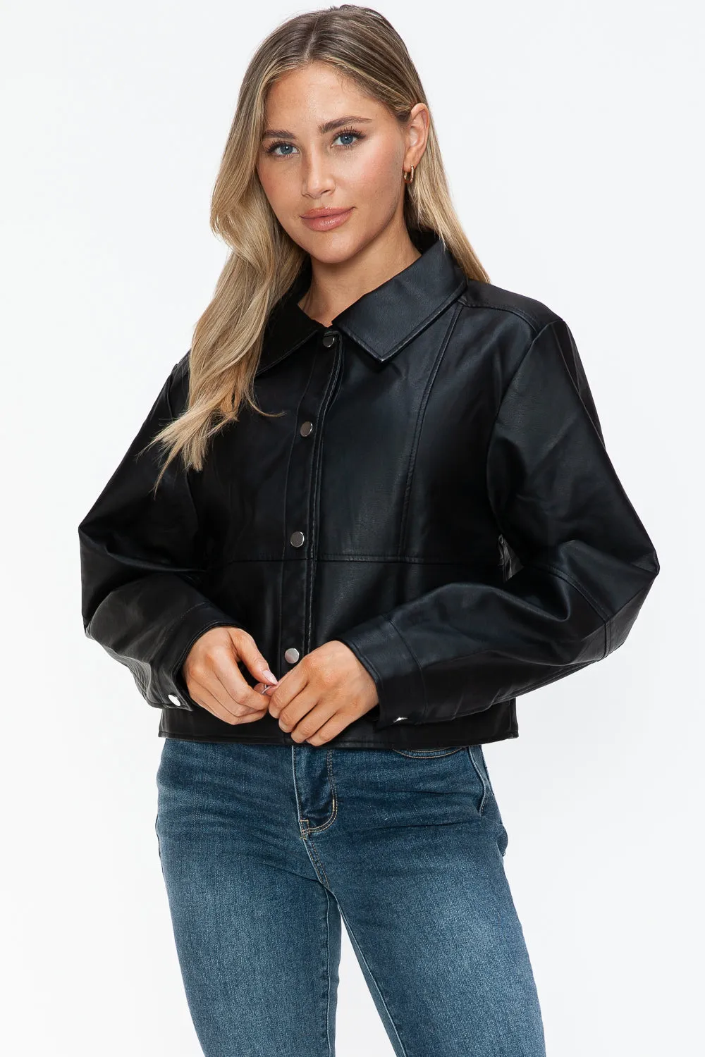 Mia Snobbish Snap Down Long Sleeve PU Leather Jacket | Poundton