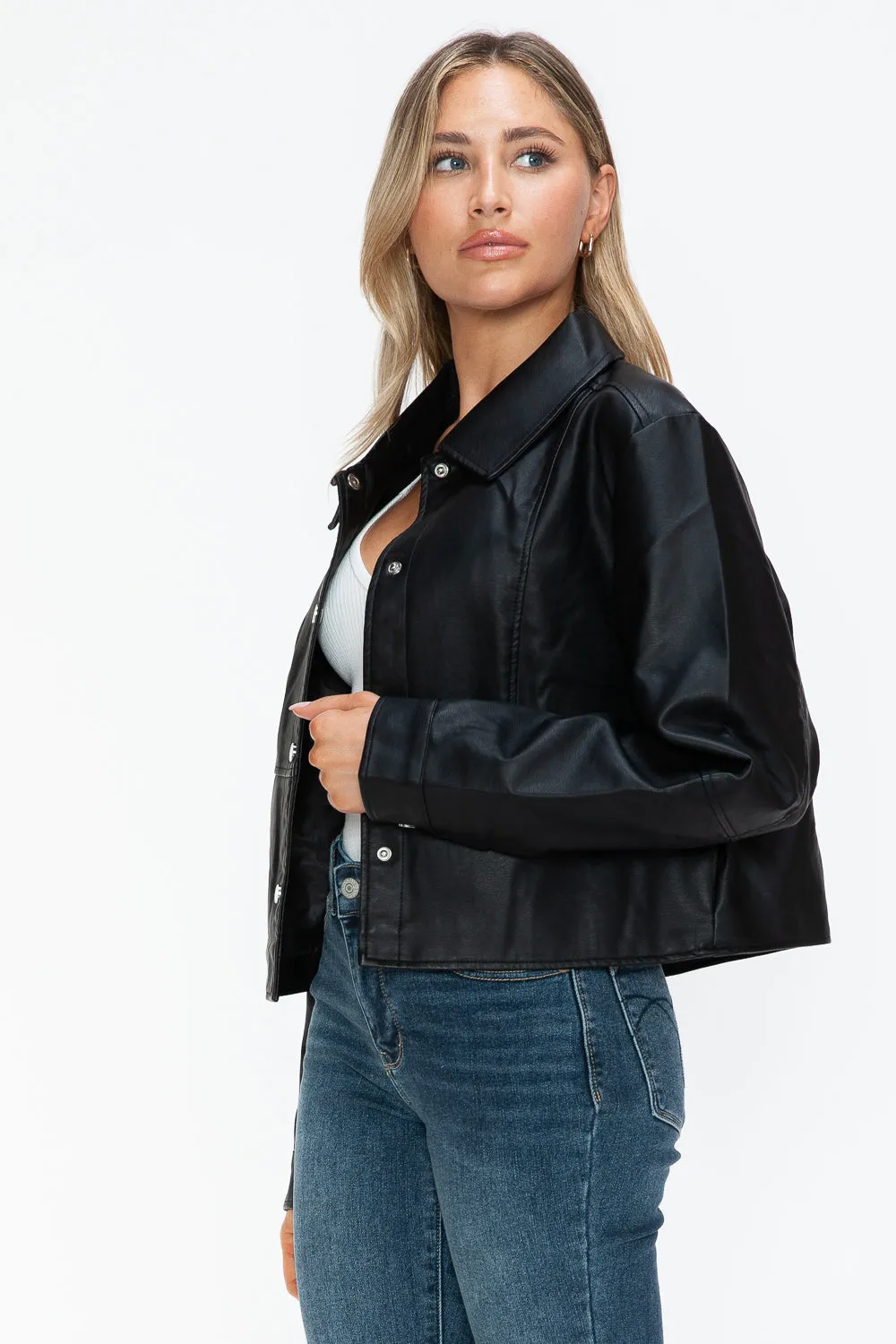 Mia Snobbish Snap Down Long Sleeve PU Leather Jacket | Poundton